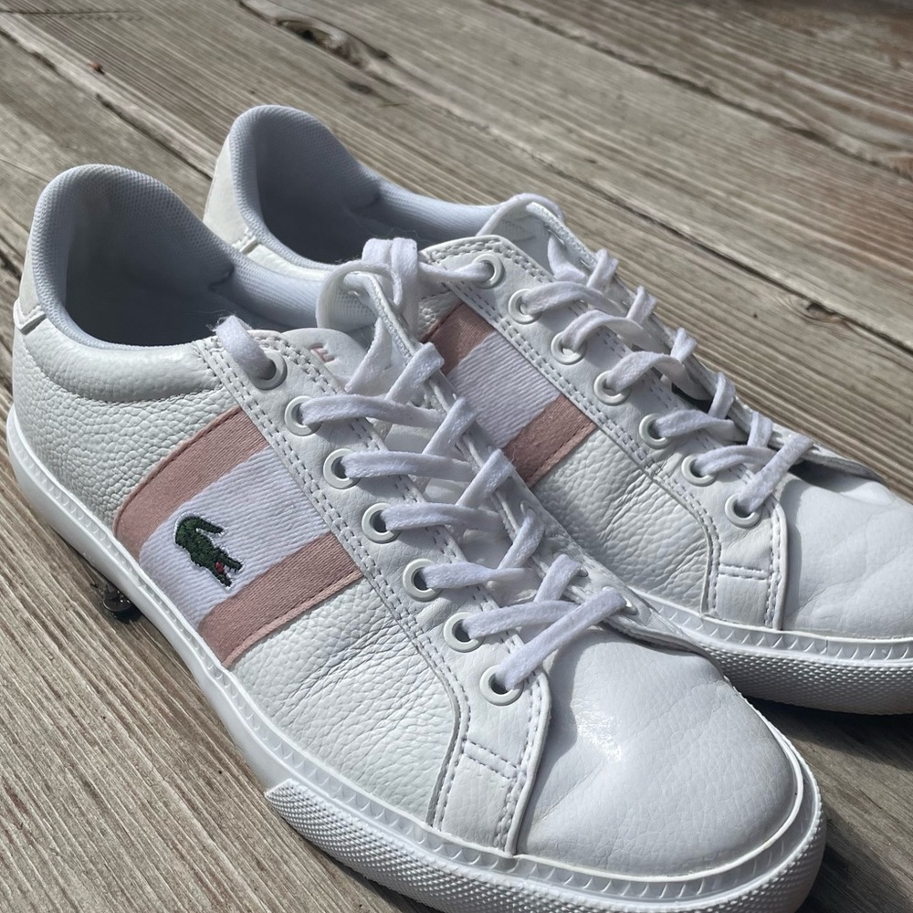 Women's LaCoste Powercourt Graphic Leather Sneakers Sz 6.5 - Picture 3 of 14